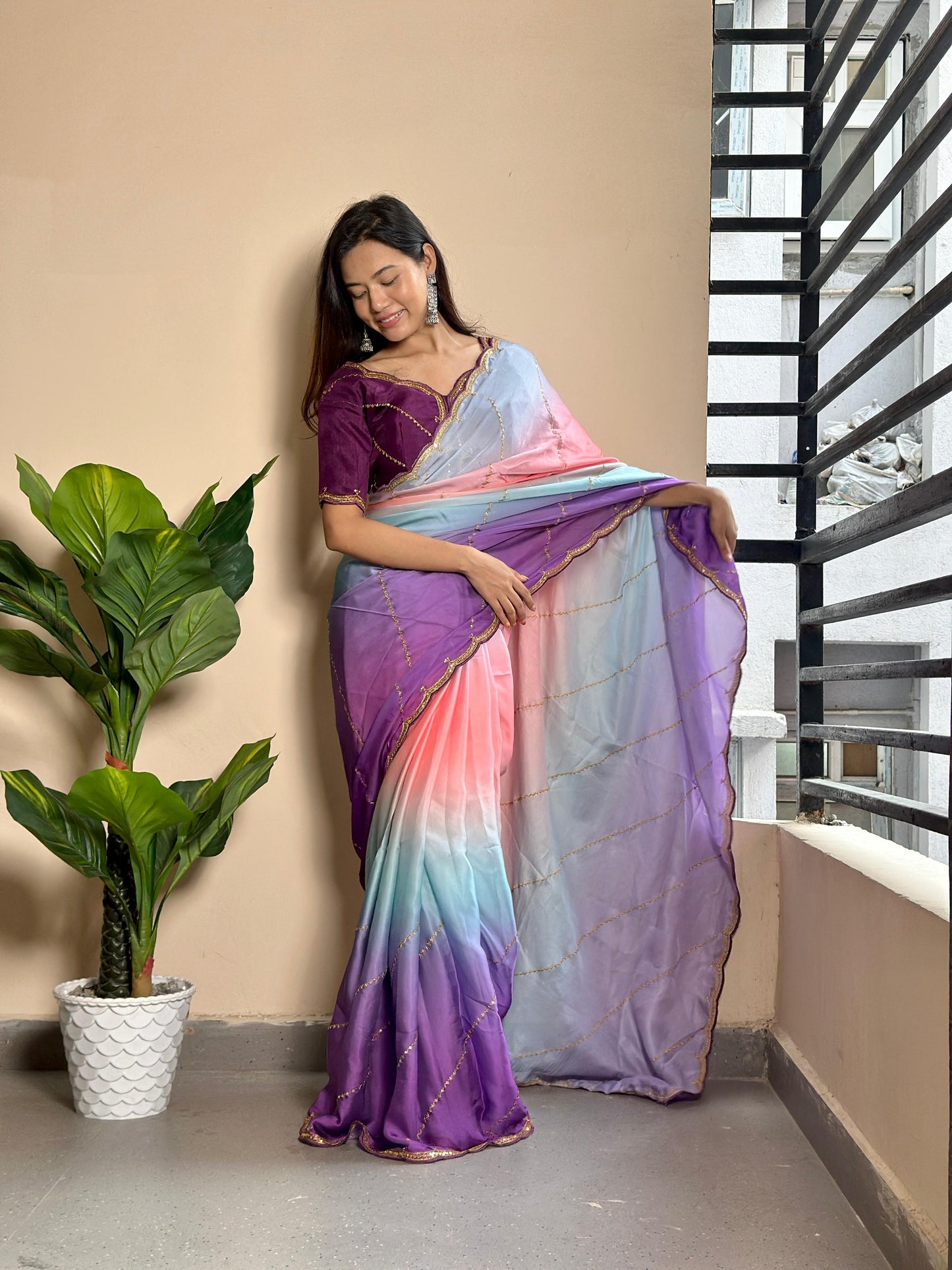 Beautiful Shaded Georgette Satin Saree