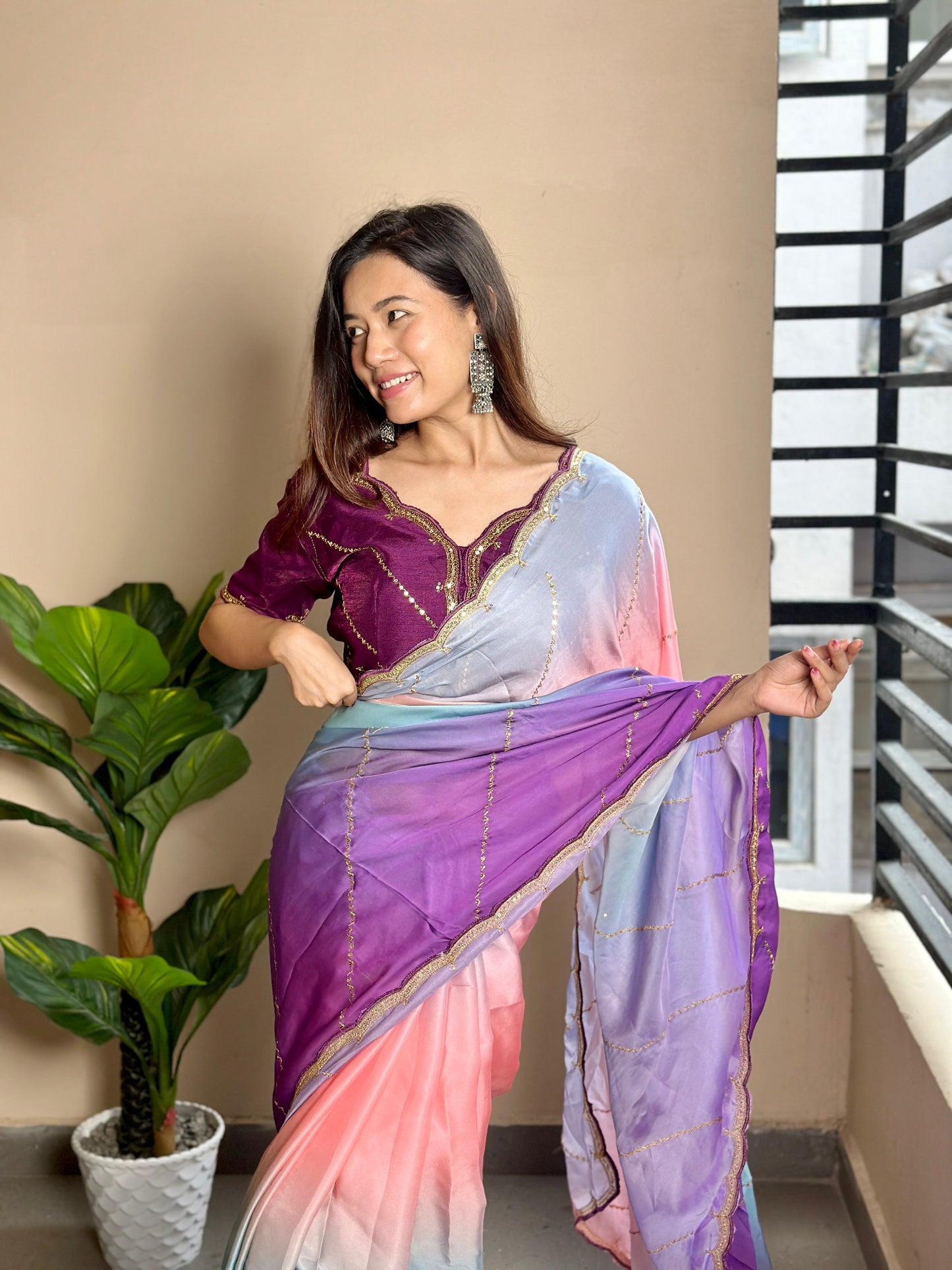 Beautiful Shaded Georgette Satin Saree