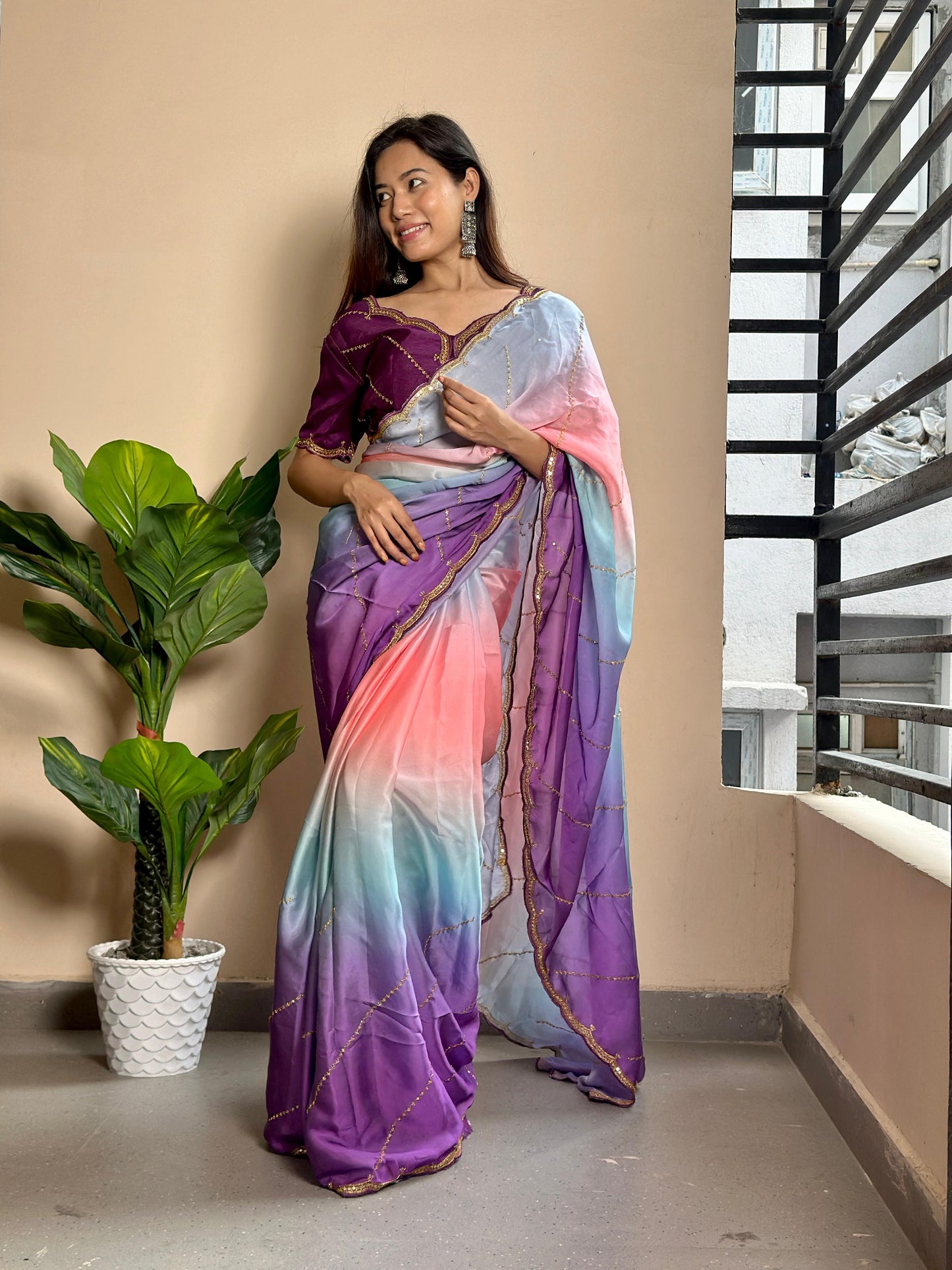 Beautiful Shaded Georgette Satin Saree