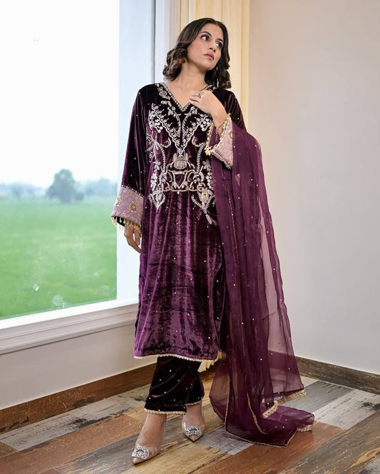 Majestic Violet Velvet Kurti