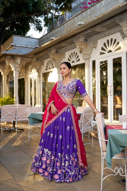Royal Purple Lehenga With Red Flowing Dupatta