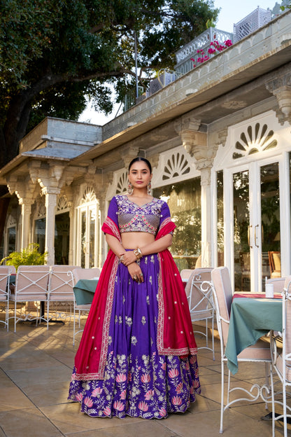 Royal Purple Lehenga With Red Flowing Dupatta