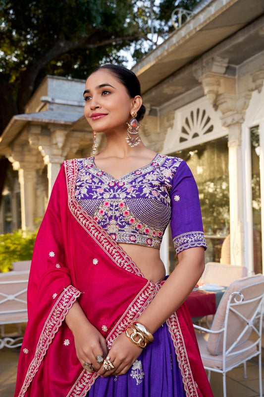 Royal Purple Lehenga With Red Flowing Dupatta