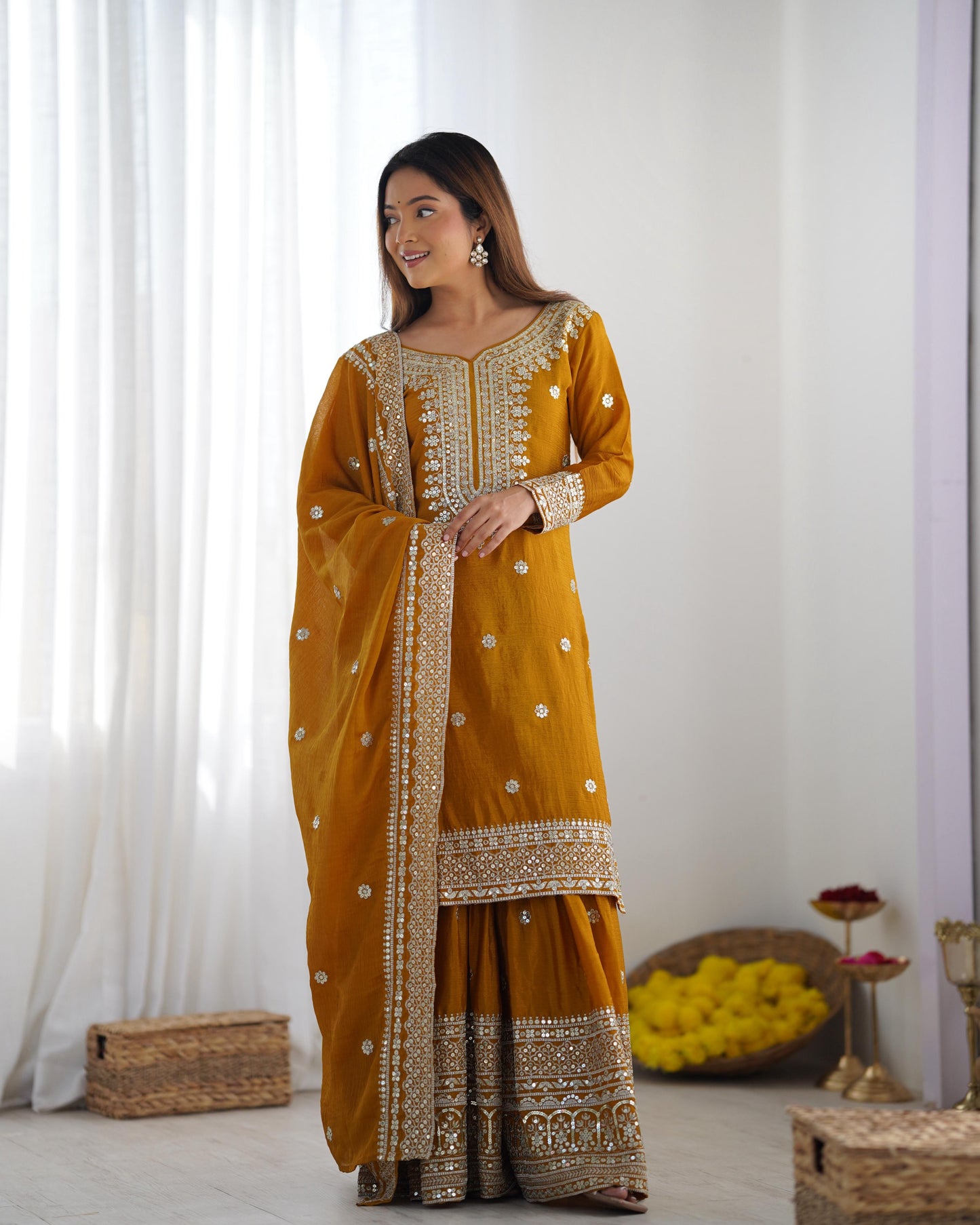 Golden Hour Chinnon Silk Sharara Set