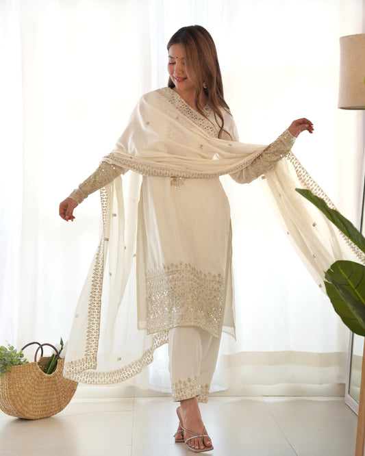 White Chinnon Silk Embroidered Kurta Set
