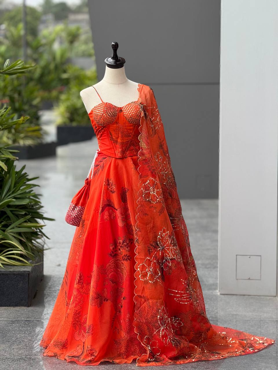 Tangerine Digital Print Corset Lehenga