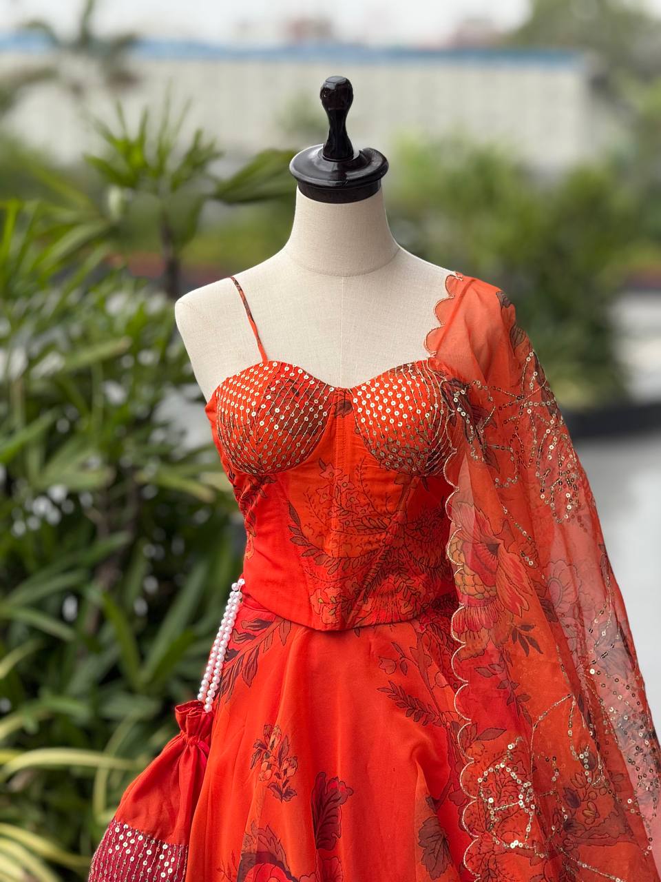 Tangerine Digital Print Corset Lehenga