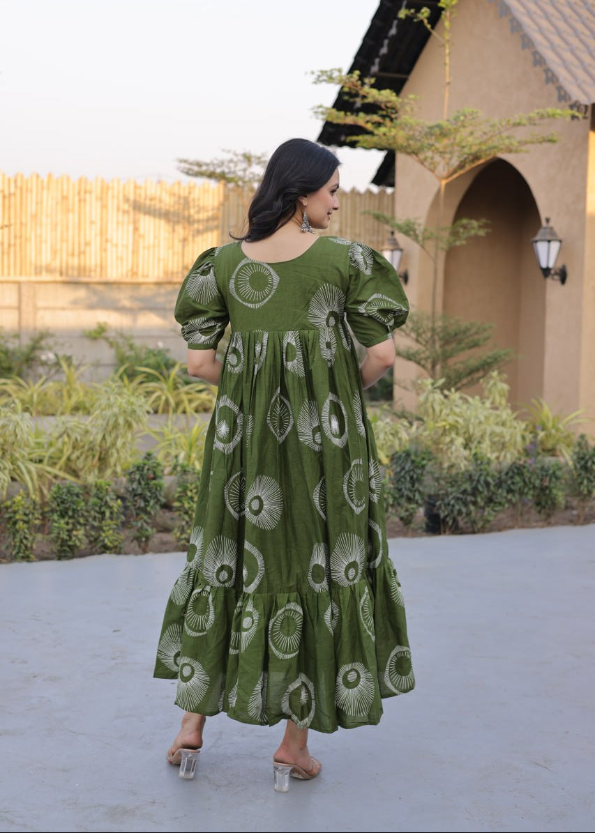 Boho Block Print Cotton Midi Dress