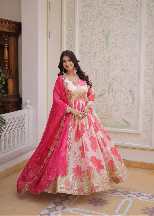 Modern Printed Silk Gown Set