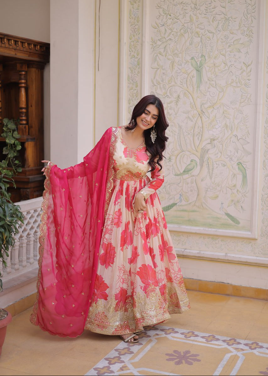 Modern Printed Silk Gown Set