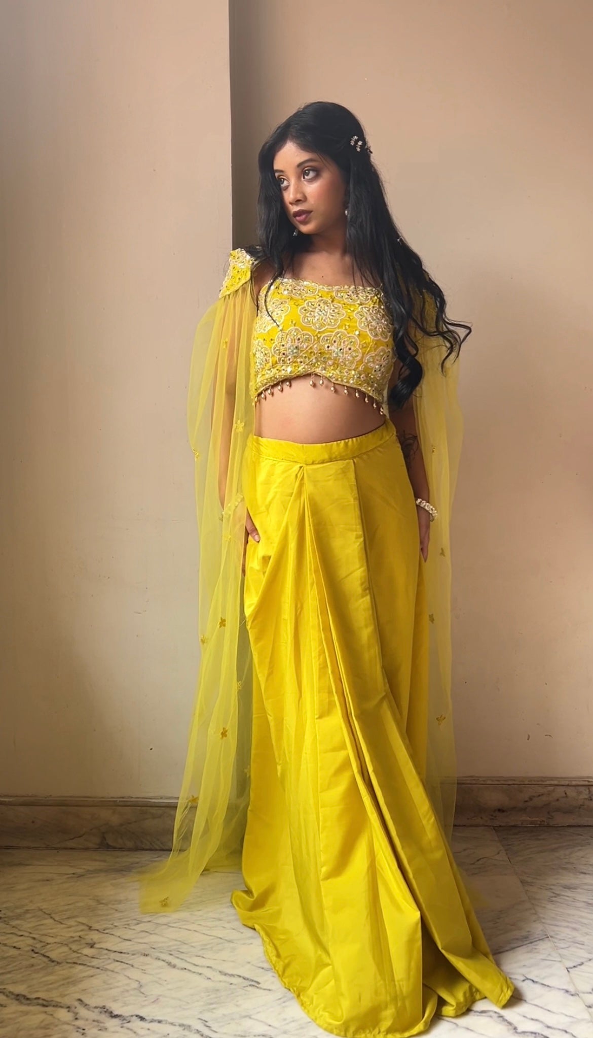 Luminous Yellow Dhoti Set & Shrug