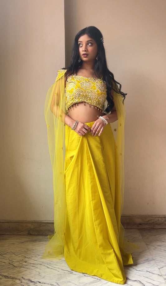 Luminous Yellow Dhoti Set & Shrug