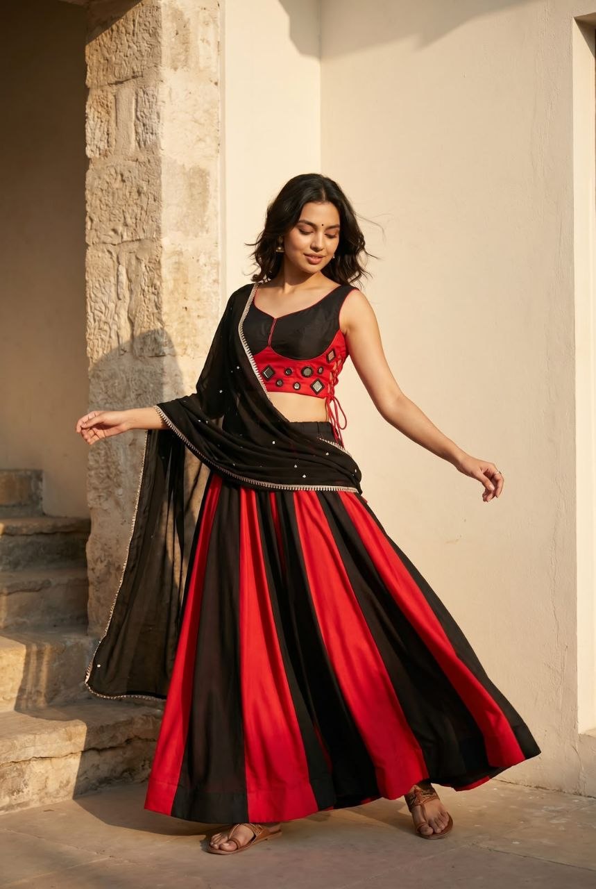 Mirror Work Cotton Navratri Lehenga with Embroidered Dupatta