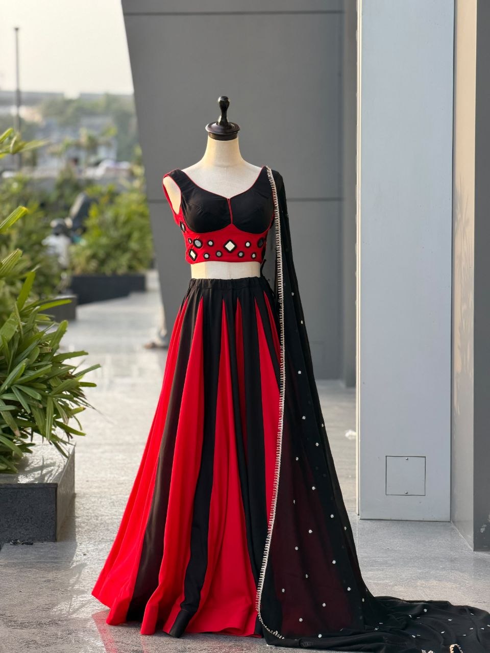 Mirror Work Cotton Navratri Lehenga with Embroidered Dupatta
