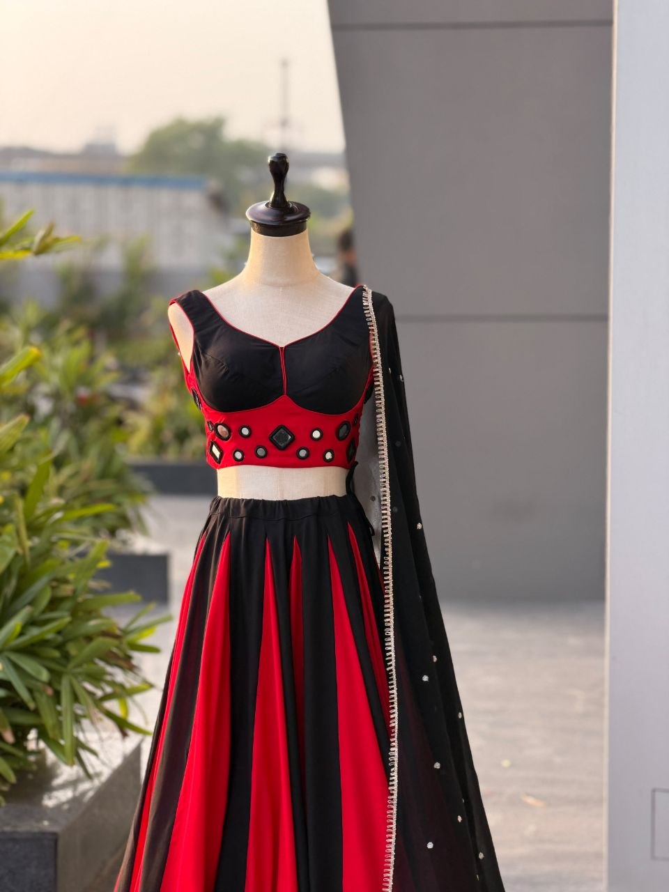 Mirror Work Cotton Navratri Lehenga with Embroidered Dupatta