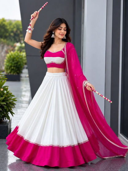 White & Pink Mirror Lace Navratri Lehenga Choli