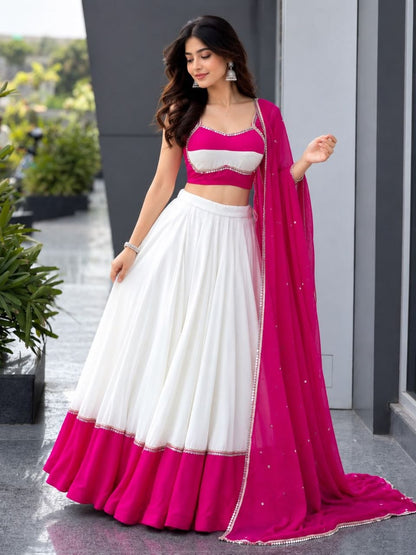 White & Pink Mirror Lace Navratri Lehenga Choli