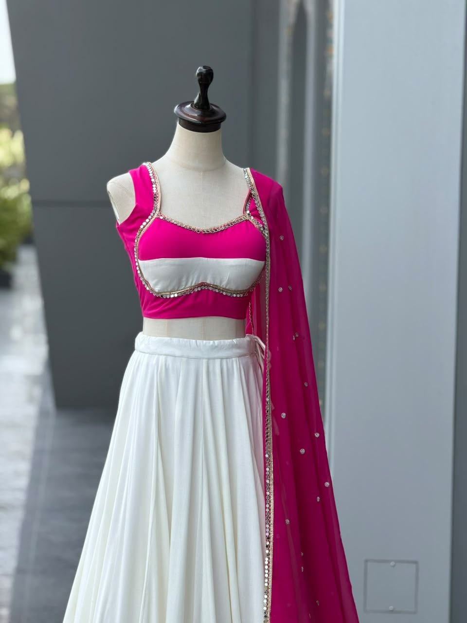 White & Pink Mirror Lace Navratri Lehenga Choli