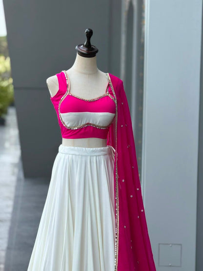 White & Pink Mirror Lace Navratri Lehenga Choli