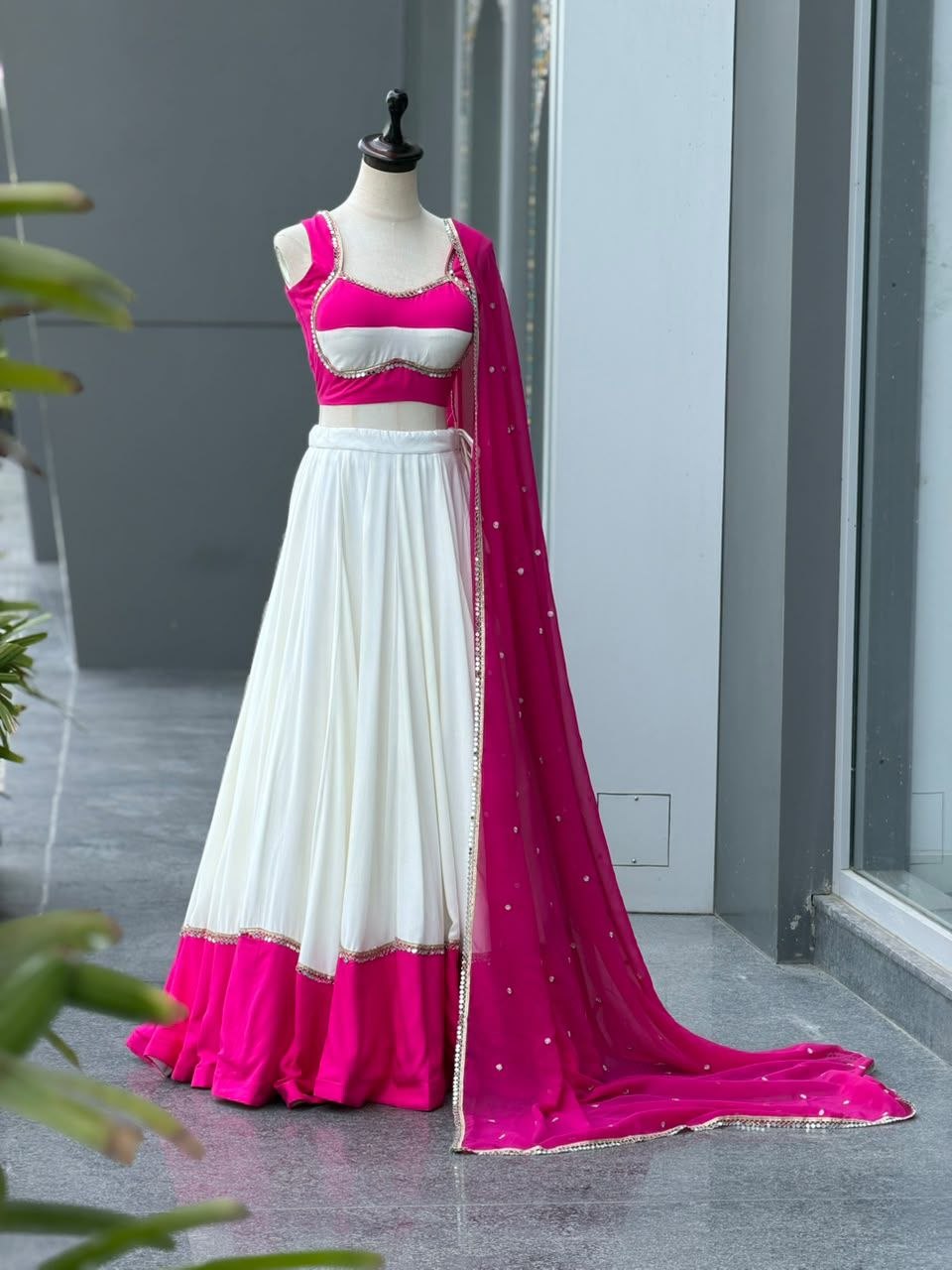 White & Pink Mirror Lace Navratri Lehenga Choli