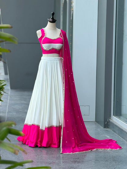 White & Pink Mirror Lace Navratri Lehenga Choli