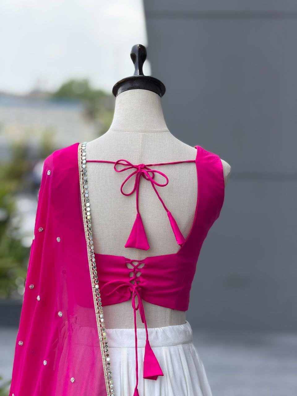 White & Pink Mirror Lace Navratri Lehenga Choli