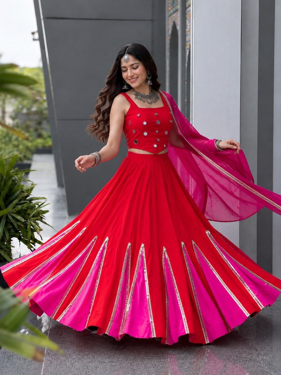 Orange & Pink Mirror Lace Navratri Lehenga Choli