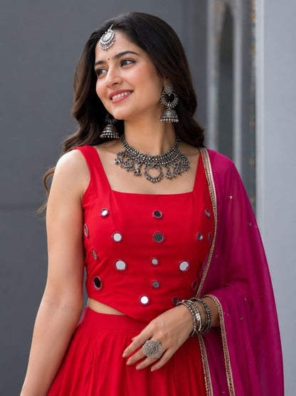 Orange & Pink Mirror Lace Navratri Lehenga Choli