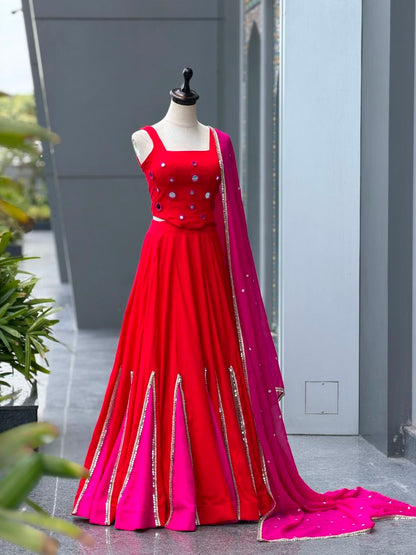 Orange & Pink Mirror Lace Navratri Lehenga Choli
