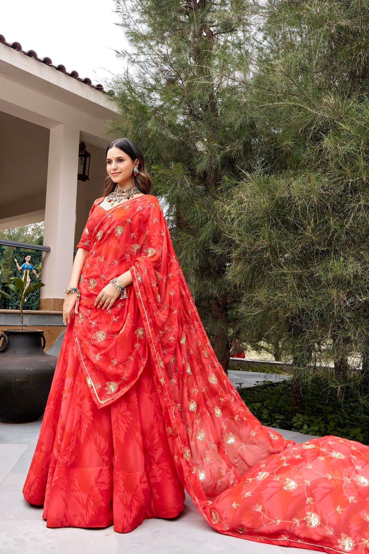 Morbani Red Georgette Navratri Lehenga with Sequin Dupatta