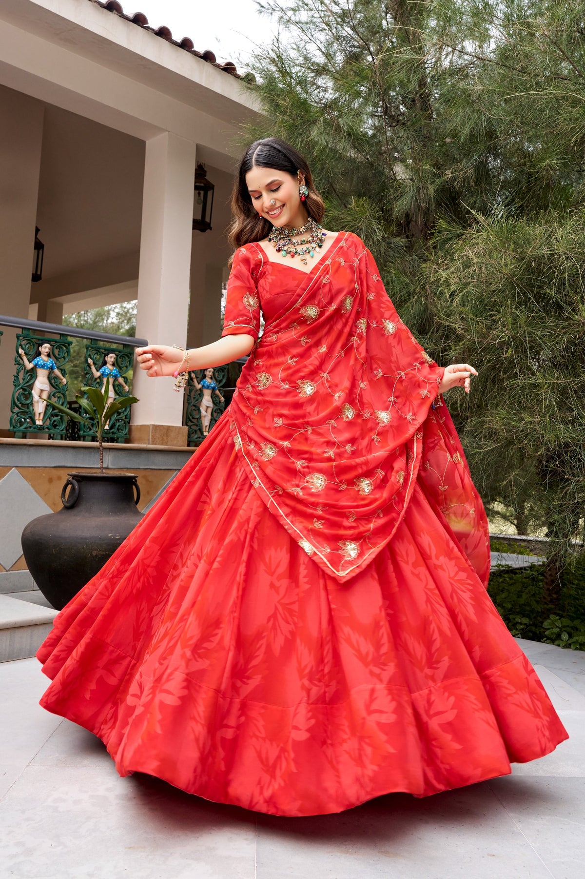 Morbani Red Georgette Navratri Lehenga with Sequin Dupatta