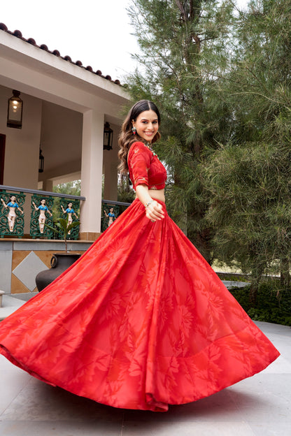 Morbani Red Georgette Navratri Lehenga with Sequin Dupatta