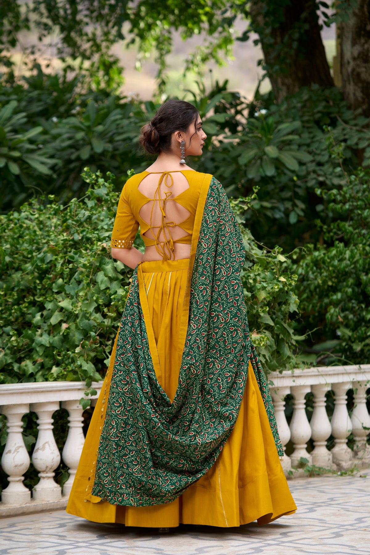 Chaithra Mustard Cotton Navratri Lehenga Set with Purse