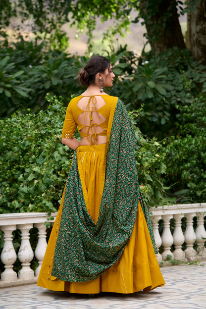Chaithra Mustard Cotton Navratri Lehenga Set with Purse