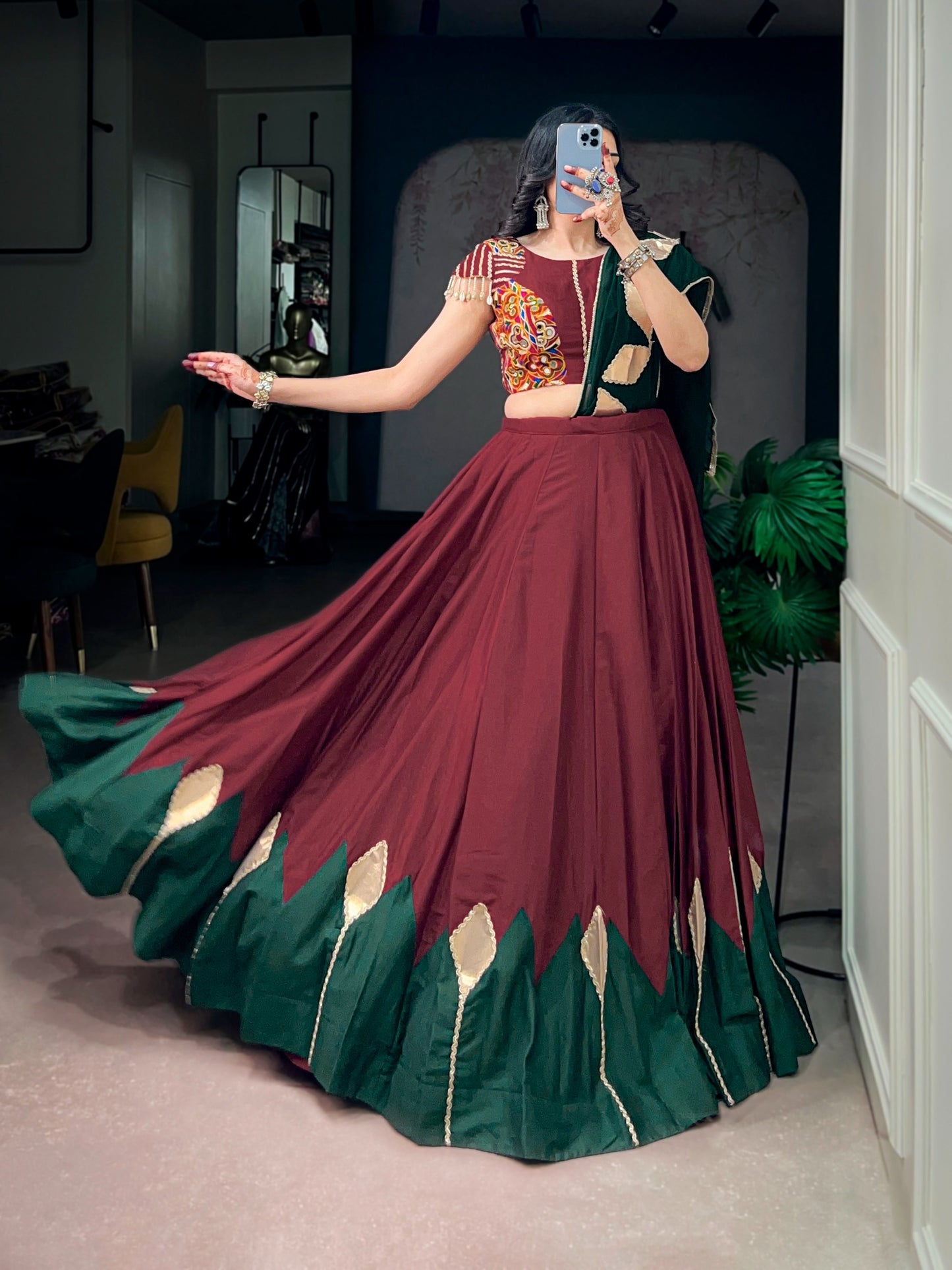 Royal Chinon Navratri Lehenga with Gamthi Work Blouse