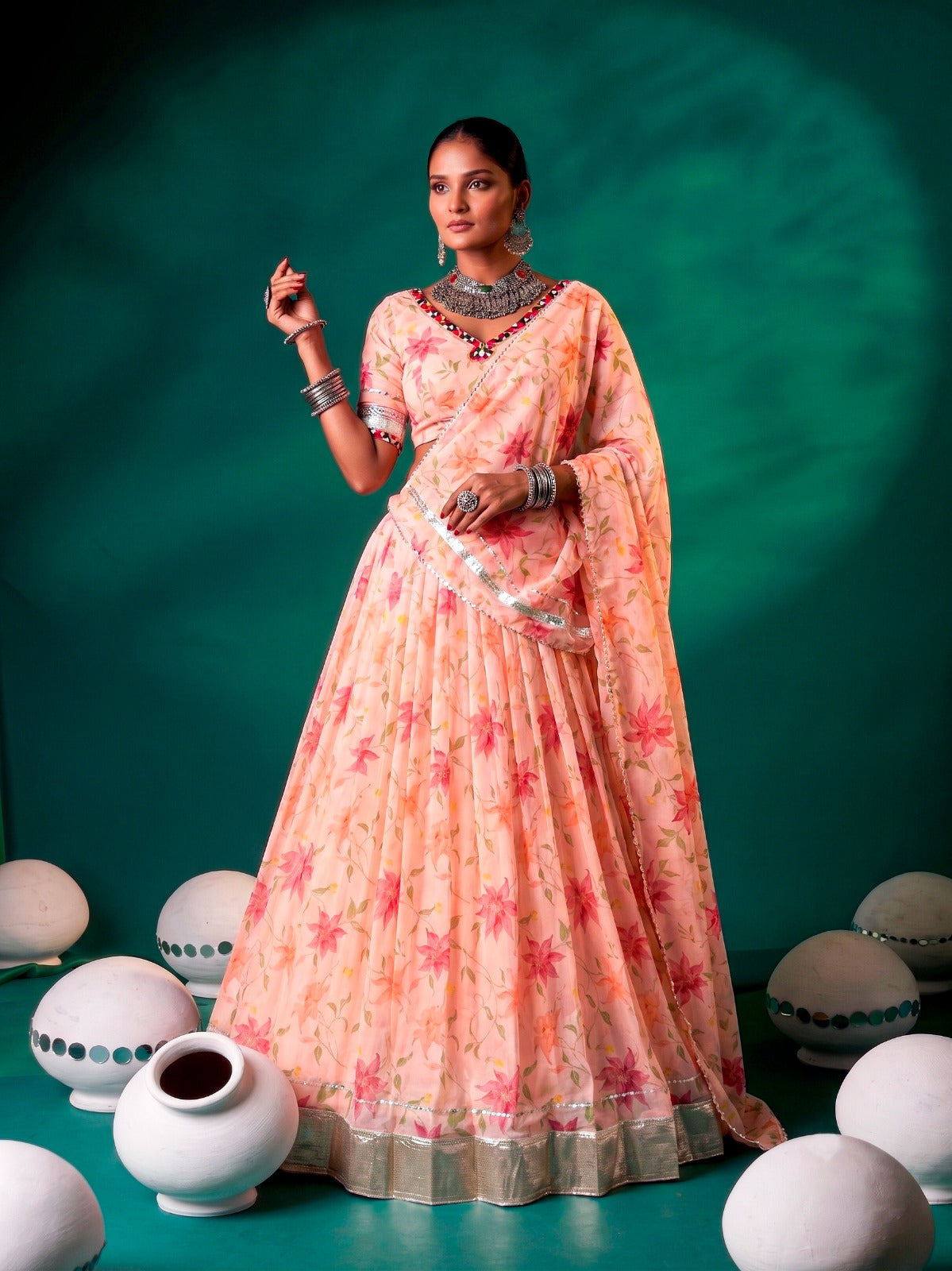 Floral Tabby Silk Navratri Lehenga with Mirror Work Blouse