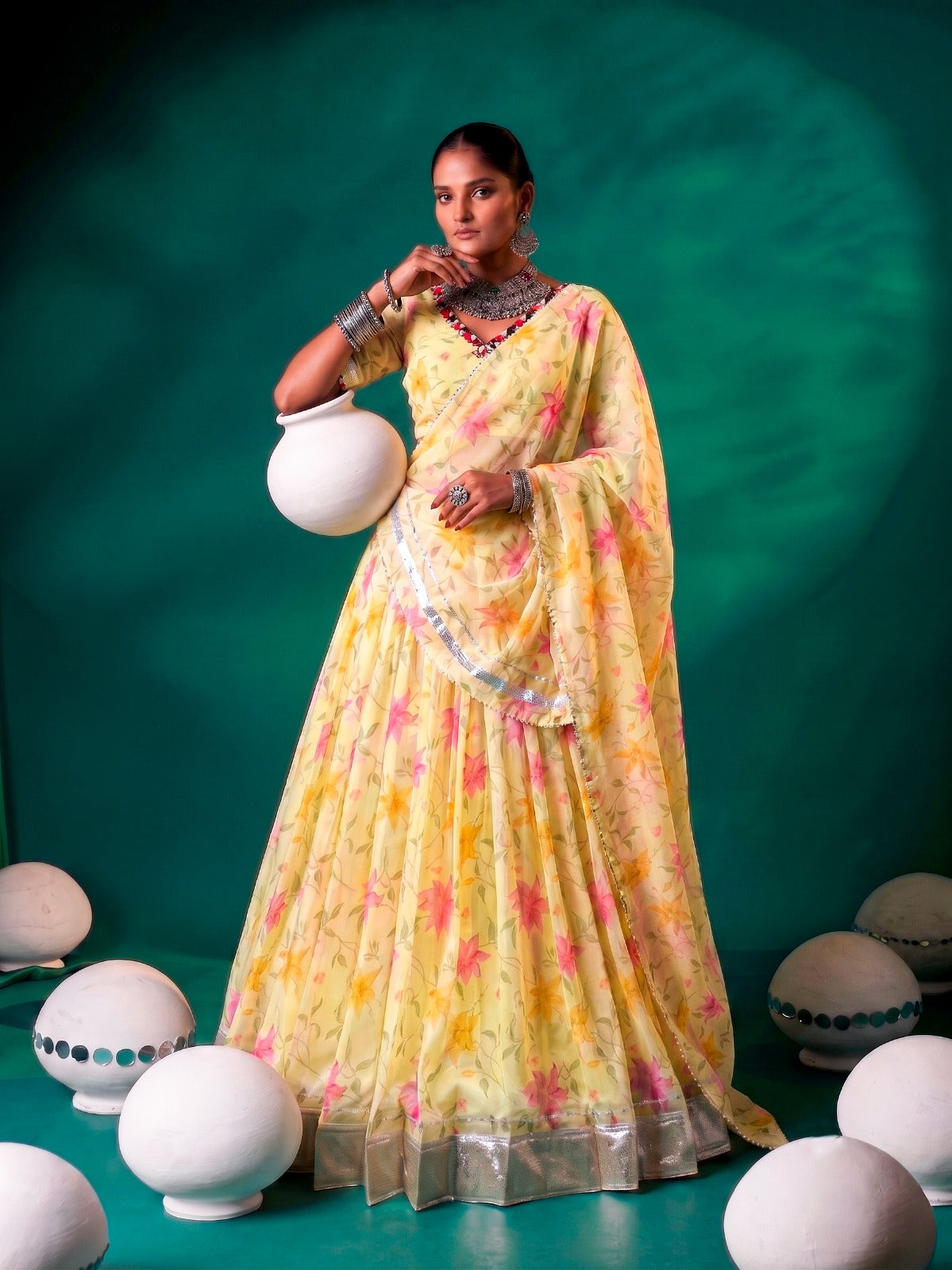 Floral Tabby Silk Navratri Lehenga with Mirror Work Blouse