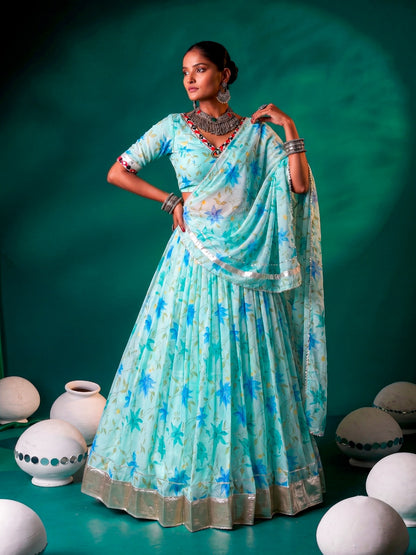 Floral Tabby Silk Navratri Lehenga with Mirror Work Blouse