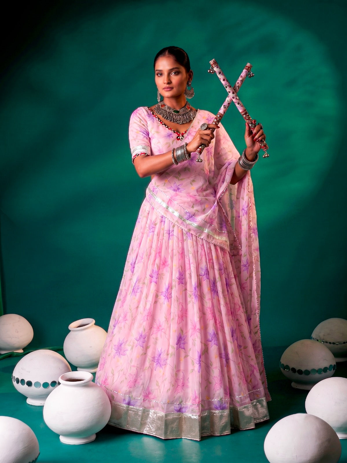 Floral Tabby Silk Navratri Lehenga with Mirror Work Blouse