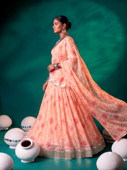 Floral Tabby Silk Navratri Lehenga with Mirror Work Blouse
