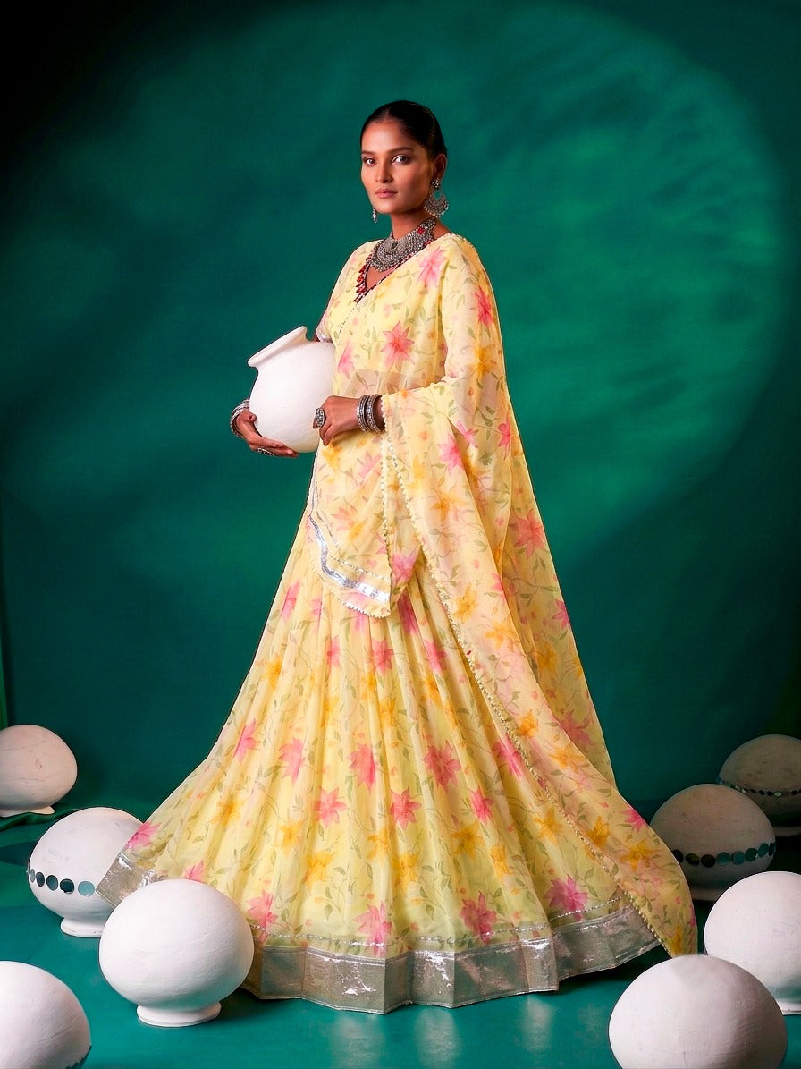 Floral Tabby Silk Navratri Lehenga with Mirror Work Blouse