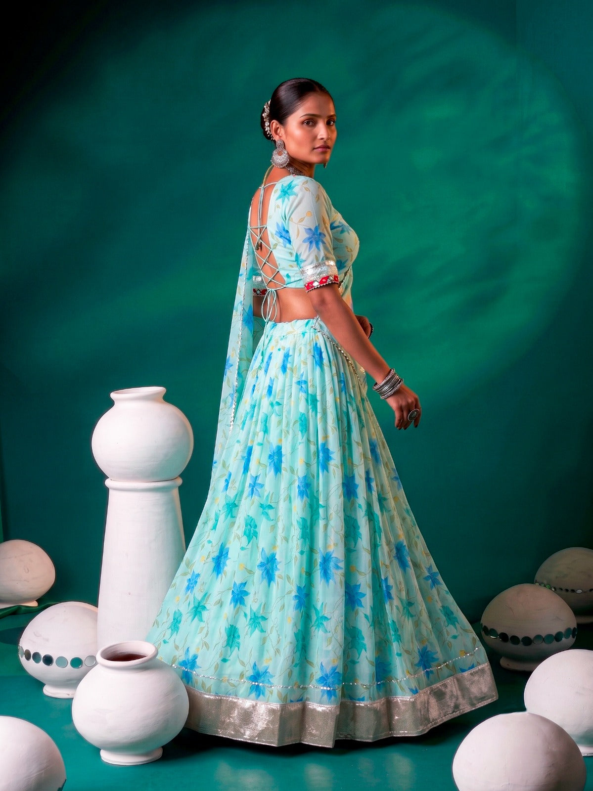 Floral Tabby Silk Navratri Lehenga with Mirror Work Blouse