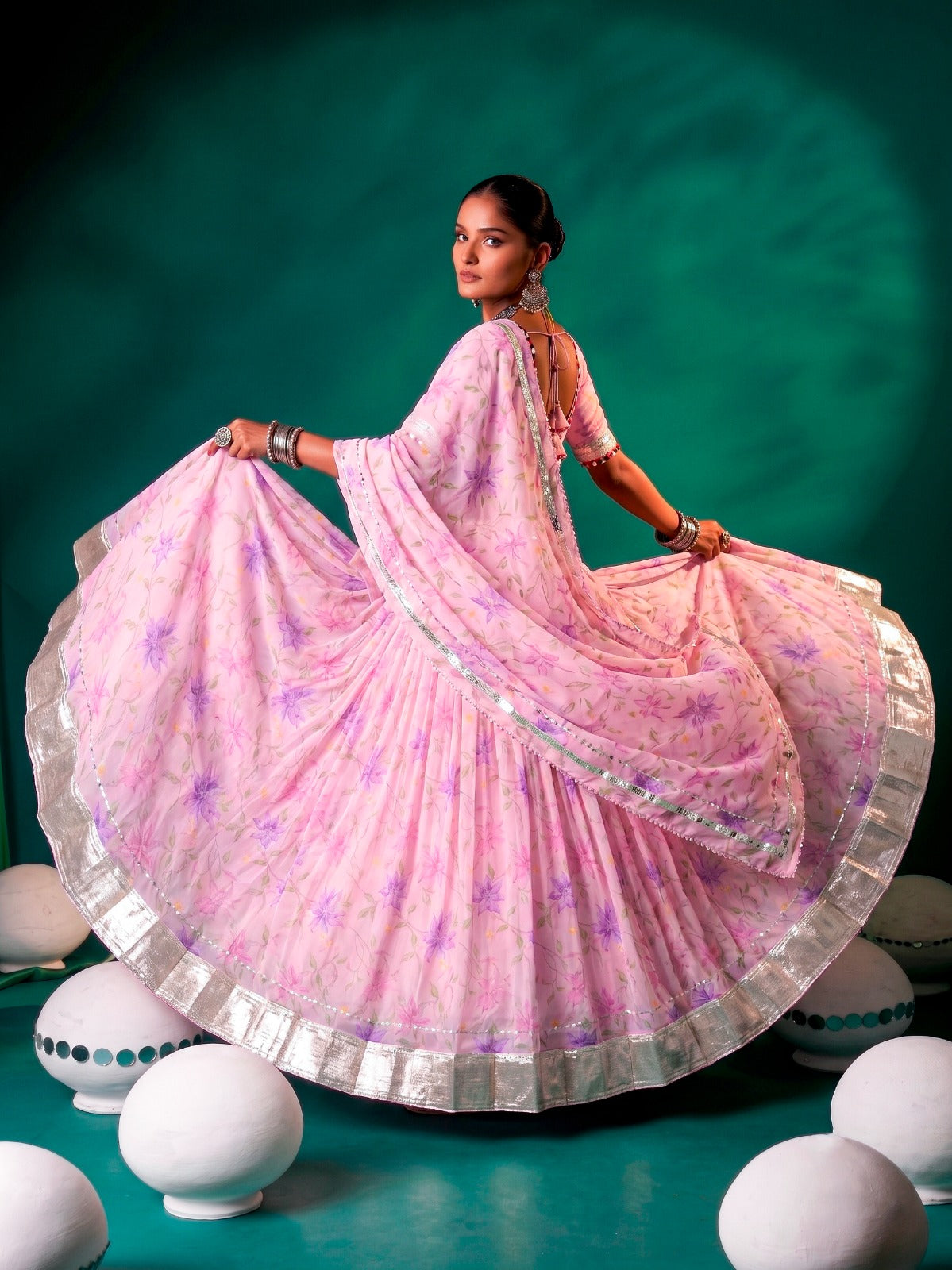 Floral Tabby Silk Navratri Lehenga with Mirror Work Blouse