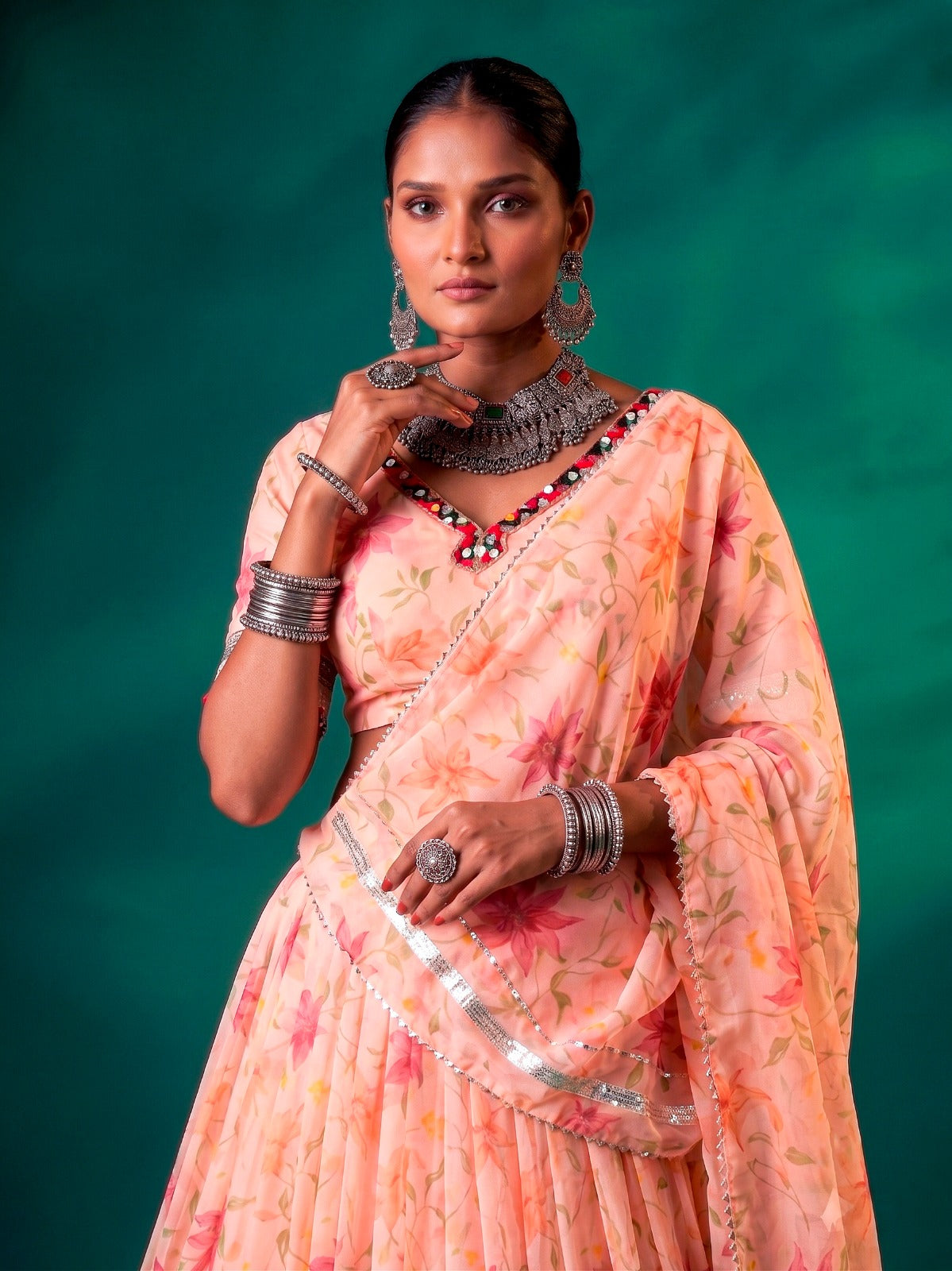 Floral Tabby Silk Navratri Lehenga with Mirror Work Blouse