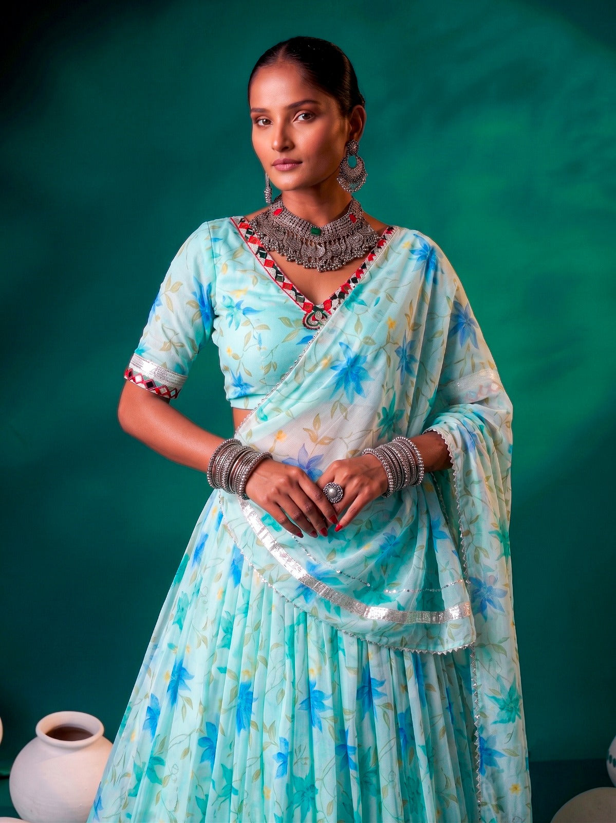 Floral Tabby Silk Navratri Lehenga with Mirror Work Blouse