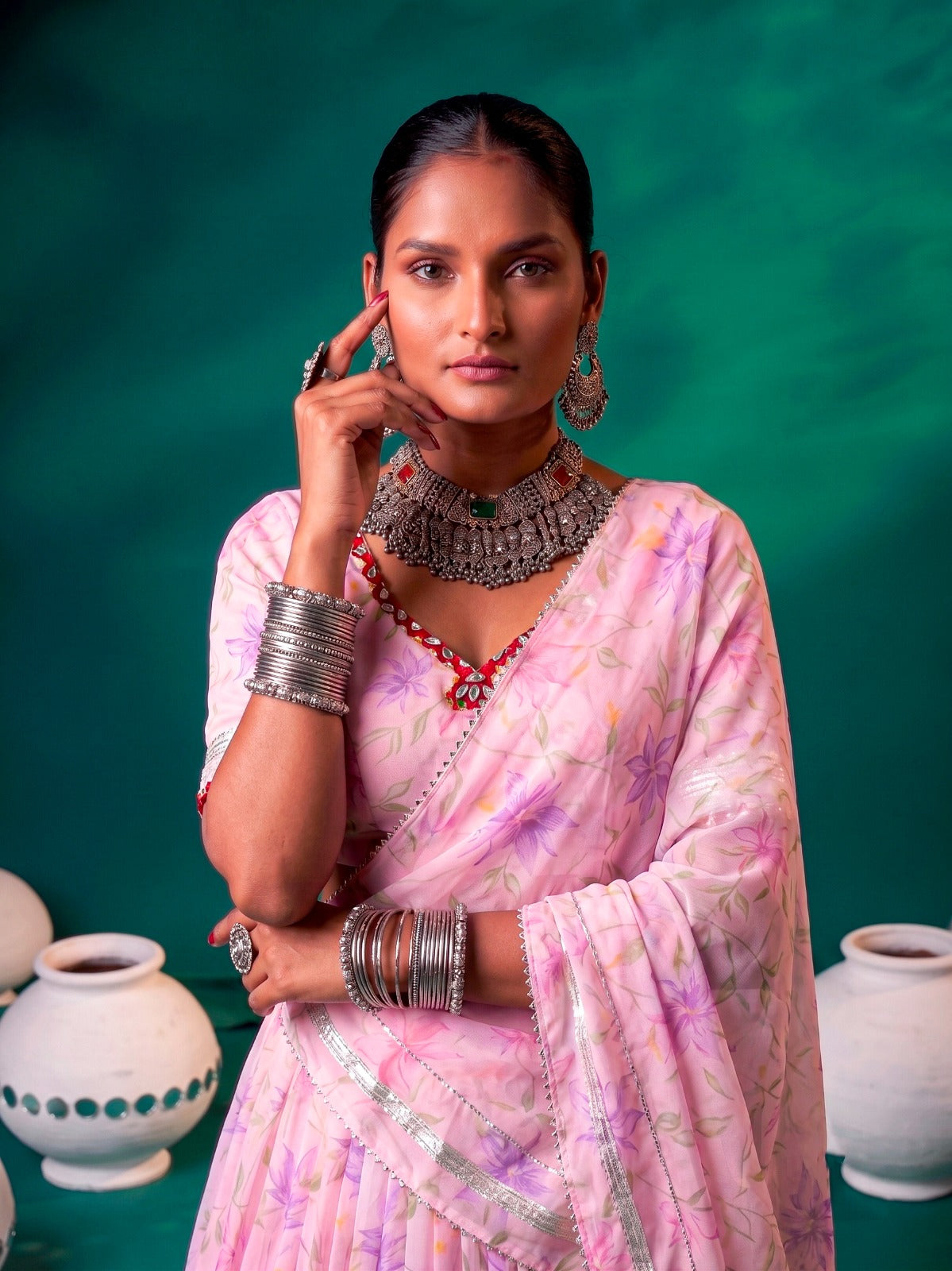 Floral Tabby Silk Navratri Lehenga with Mirror Work Blouse