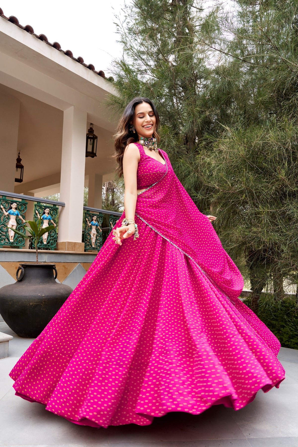Gulal Pink Bandhej Georgette Navratri Lehenga