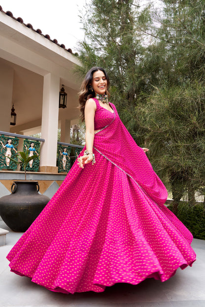 Gulal Pink Bandhej Georgette Navratri Lehenga