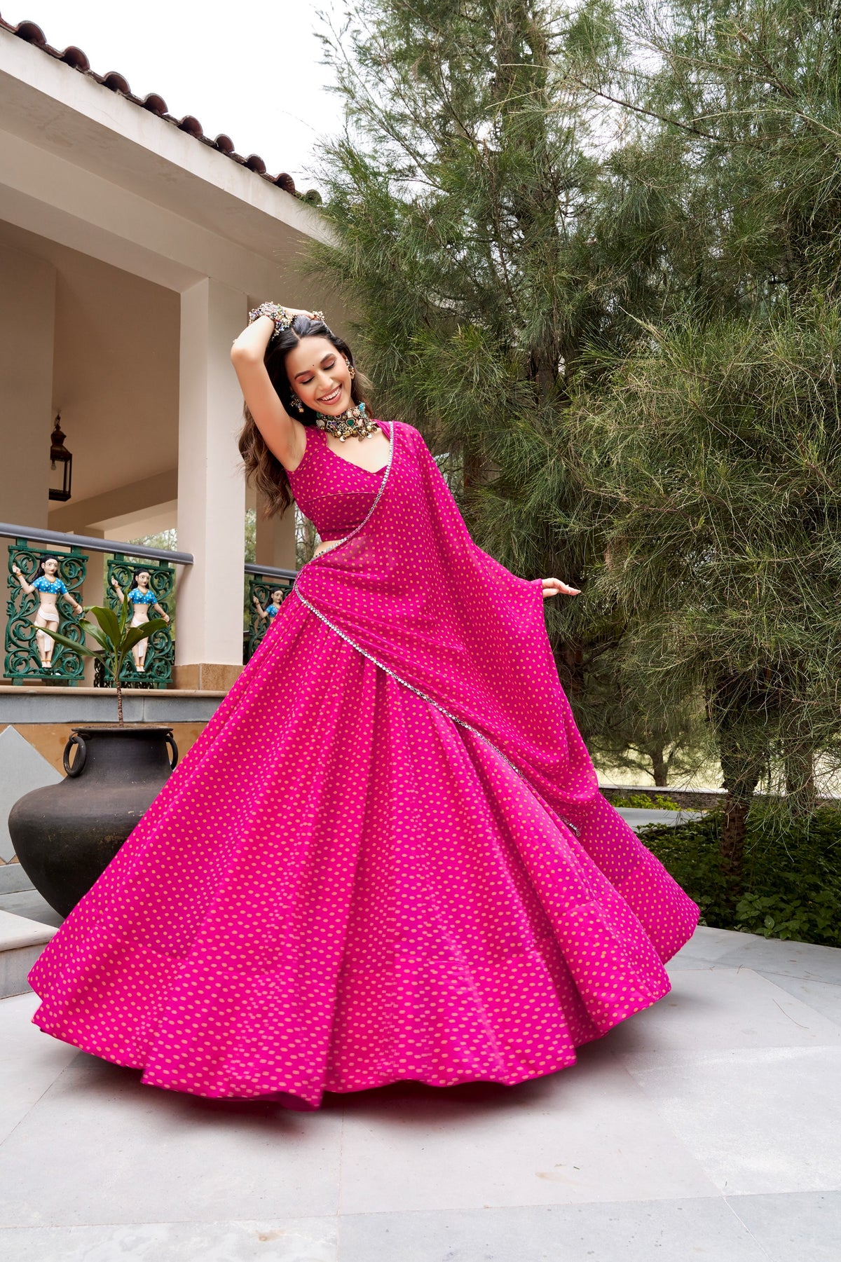 Gulal Pink Bandhej Georgette Navratri Lehenga