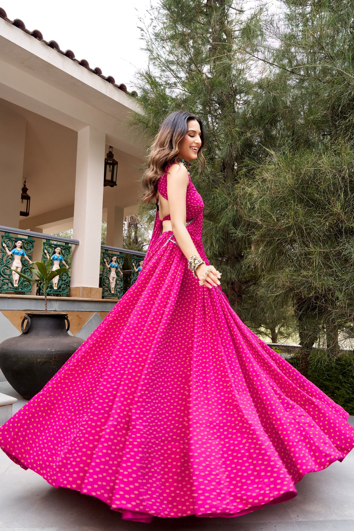 Gulal Pink Bandhej Georgette Navratri Lehenga
